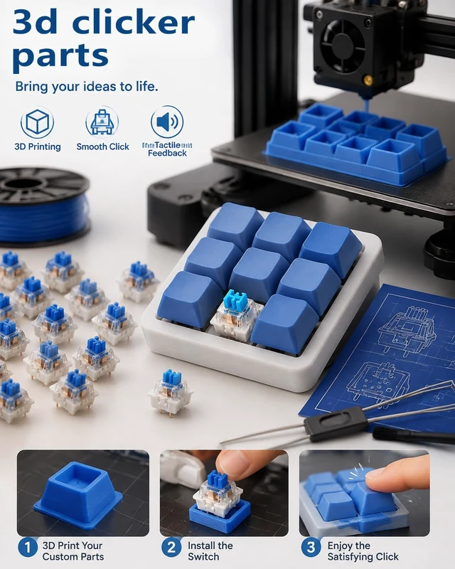 Alt view image 5 of 6 - 90PCS 3D Printer Clicker Kit, Mechanical Keyboard Switch Set | Include blue switches, 20 key rings, 3D print tools, crisp clicks, tactile feedback for DIY fidgets, keyboard testing
