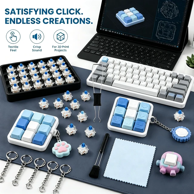 Alt view image 6 of 6 - 90PCS 3D Printer Clicker Kit, Mechanical Keyboard Switch Set | Include blue switches, 20 key rings, 3D print tools, crisp clicks, tactile feedback for DIY fidgets, keyboard testing
