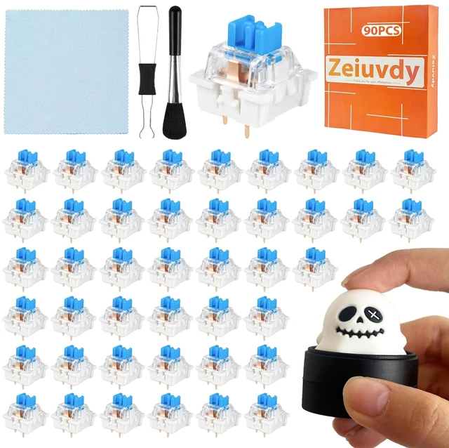 Main image of 90 PCS 3D Printer Clicker Switch Set, Clicky Keyboard Switches | 3D Printing Projects, Audible Click Feel, 3Pin Switches, DIY Clicker Parts, Includes Puller Brush Cloth(Blue)