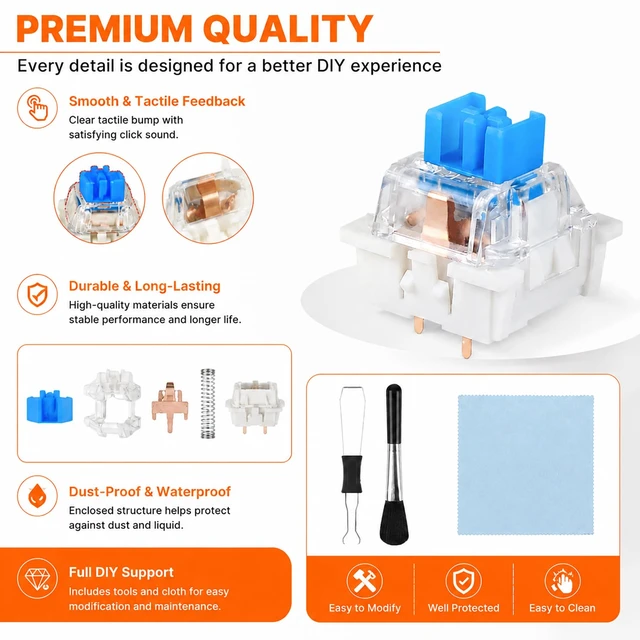 Alt view image 3 of 6 - 90 PCS 3D Printer Clicker Switch Set, Clicky Keyboard Switches | 3D Printing Projects, Audible Click Feel, 3Pin Switches, DIY Clicker Parts, Includes Puller Brush Cloth(Blue)