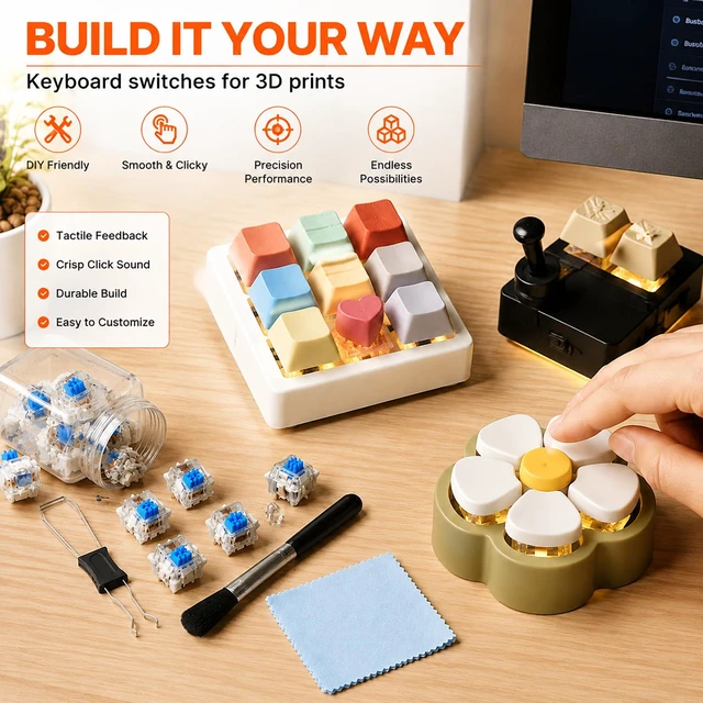 Alt view image 4 of 6 - 90 PCS 3D Printer Clicker Switch Set, Clicky Keyboard Switches | 3D Printing Projects, Audible Click Feel, 3Pin Switches, DIY Clicker Parts, Includes Puller Brush Cloth(Blue)