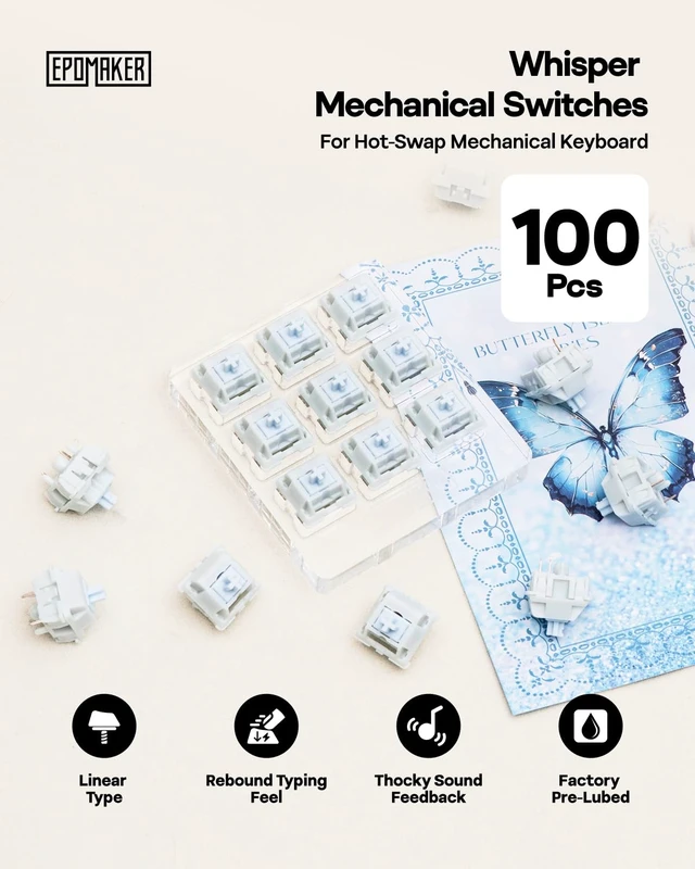 Alt view image 2 of 7 - Whisper Linear Keyboard Switches, 5-Pin Thocky Mechanical Switches | 40gf Gaming Keyboard Switches, Factory Pre-Lubed for Buttery Smooth Typing, 100PCS for 60%98% Mechanical Keyboards