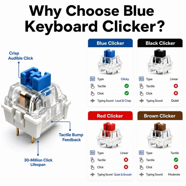 Alt view image 7 of 7 - 72PCS Clickers for 3D Prints Blue Mechanical Switches 3-Pin Clicky Keyboard | Fidget Insert Replacement Dustproof Tactile Key Switch MX Compatible Gaming DIY Keychain Accessories Set