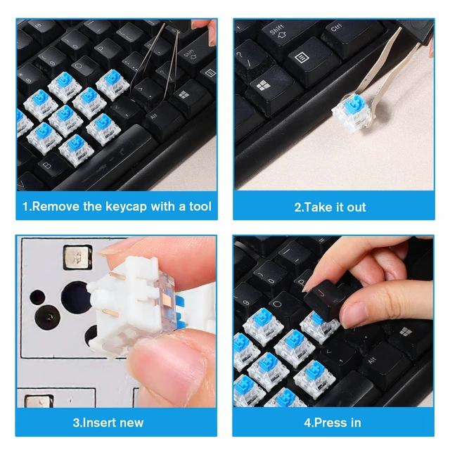 Alt view image 4 of 7 - 50 Pcs Blue Mechanical Keyboard Switches with Switch Puller and Brush 3-Pin Clicky Key Switches Dustproof DIY Replacement Kit for Gaming Keyboards Typists Gamers