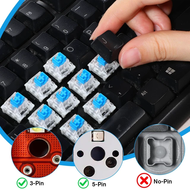 Alt view image 5 of 7 - 50 Pcs Blue Mechanical Keyboard Switches with Switch Puller and Brush 3-Pin Clicky Key Switches Dustproof DIY Replacement Kit for Gaming Keyboards Typists Gamers