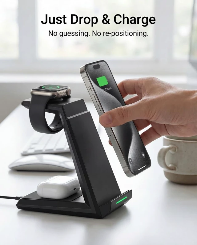 Alt view image 3 of 7 - Wireless Charging Station for iPhone - ADADPU 3 in 1 Charger Stand for iPhone 17 16 15 14 13 12 11 Pro Max XR 8 Plus, for Apple Watch 8/7/SE/6/5/4/3/2, AirPods Pro/3/2(with 5ft Cable and 20W Adapter)