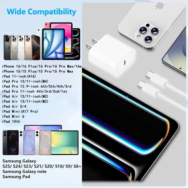 Alt view image 6 of 7 - iPhone 17 16 Charger,2Pack USB C Fast Charger Apple Charge Type C Fast Charging Block&6FT USB C to C Woven Cable Cord for iPhone 17 Pro Max/17 Pro/Air/16 Plus/16E/15 Series/iPad Pro/Air/Mini
