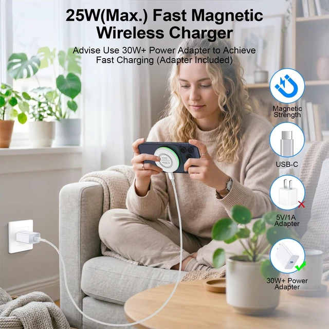 Alt view image 2 of 7 - Charger Pad 25W iPhone Magnetic Fast Charging for iPhone 18Pro Max | 17 Pro Max Air 17e 16 Pro 16 Plus 15 14 13 12,Galaxy S26 Ultra S25FE,Android, with 30W USB-C Adapter, Compatible with MagSafe