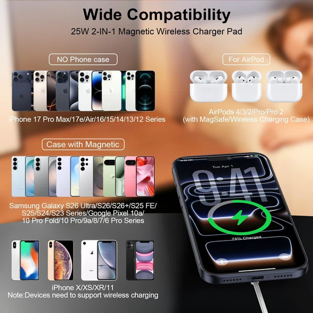 Alt view image 6 of 7 - Charger Pad 25W iPhone Magnetic Fast Charging for iPhone 18Pro Max | 17 Pro Max Air 17e 16 Pro 16 Plus 15 14 13 12,Galaxy S26 Ultra S25FE,Android, with 30W USB-C Adapter, Compatible with MagSafe