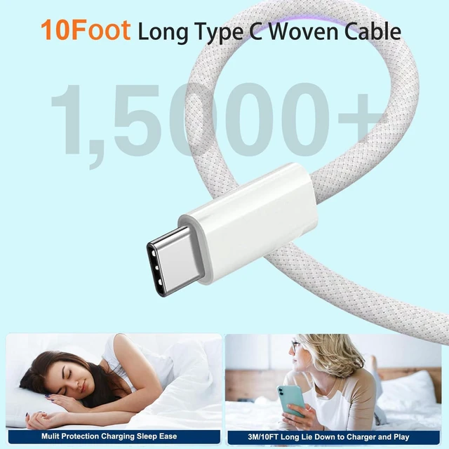Alt view image 5 of 7 - 10FT iPhone 17 16 Charger Fast Charging,2Pack 20W TypeC Chargers USBC Block | 10Foot USB C to USB C Woven Cable Apple iPhone 17 Pro Charger for iPhone 17 Pro Max/17e/Air/16 Plus/16 Pro/16 Pro Max/15