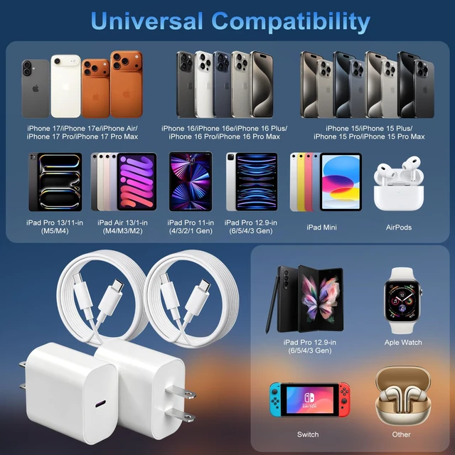 Alt view image 3 of 7 - iPhone 17 16 Pro Charger Fast Charging,2Pack 20W Quick USB C Charger Block Type C Chargers Fast Charging,6FT USBC Charging Cable Cord for iPhone 17 Pro/17 ProMax/17 Air/16/16 ProMax/16e/15 Pro/15 Plus