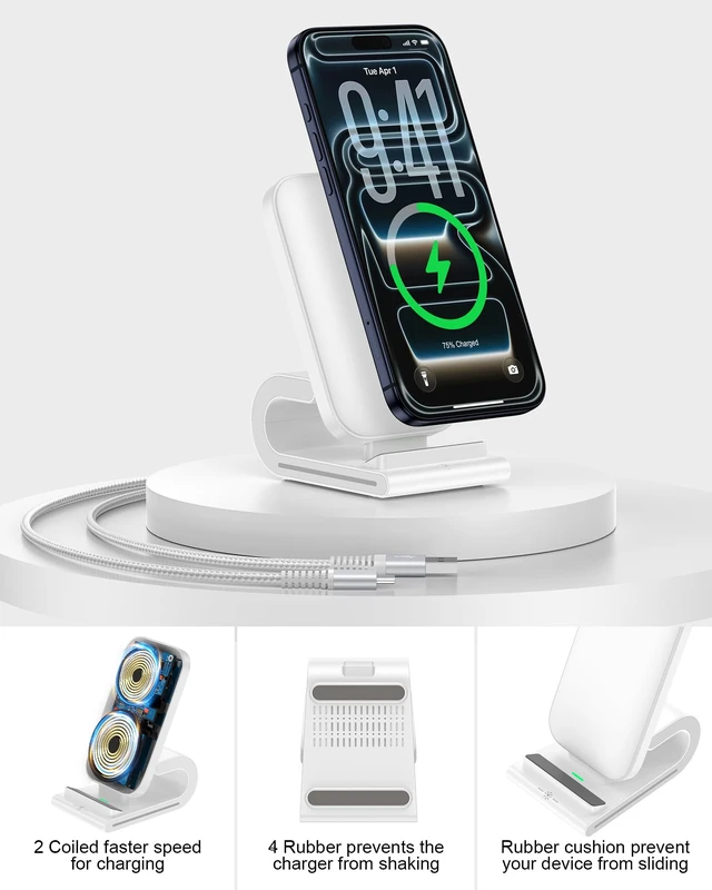 Alt view image 4 of 7 - Wireless Charger Stand for iPhone 17 18Pro Max 16 Pro 15 Plus 14 13 Mini 12 | Fast Cordless Phone Charging Station Dock, Desktop Wire Less Charger Pad Holder, Case Friendly, Hands-Free Facetime, White