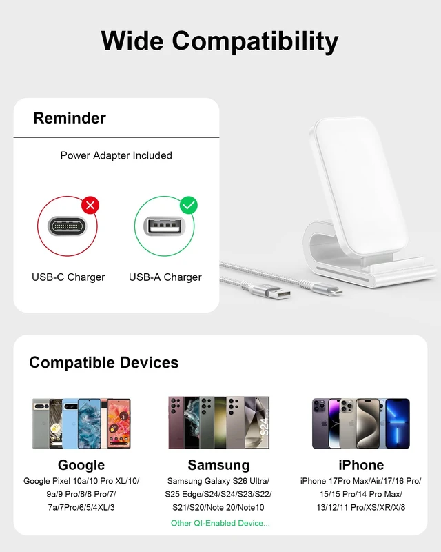 Alt view image 7 of 7 - Wireless Charger Stand for iPhone 17 18Pro Max 16 Pro 15 Plus 14 13 Mini 12 | Fast Cordless Phone Charging Station Dock, Desktop Wire Less Charger Pad Holder, Case Friendly, Hands-Free Facetime, White