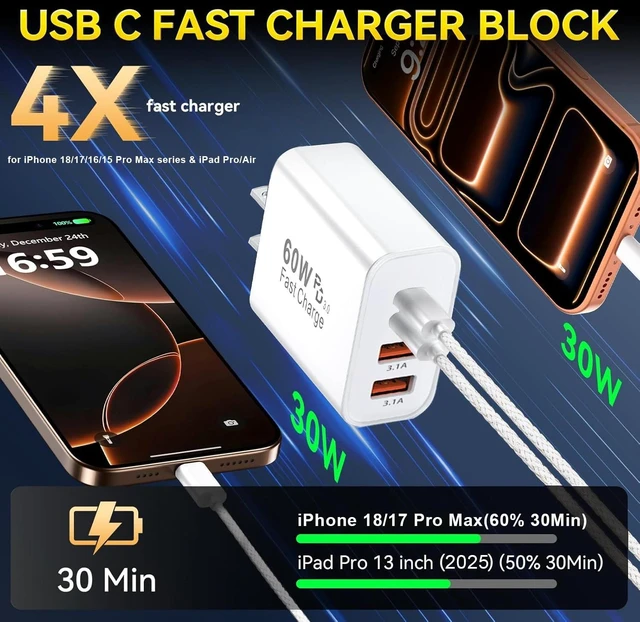 Alt view image 2 of 7 - iPhone Charger Fast Charging,Apple 60W USB C Charger 4Port USB A/C Apple Charger Block Multiport Adapter 6FT USB C to C Cable Cord for iPhone Duo/18 ProMax/18Pro/Air/17ProMax/17/16ProMax/16E/16/15Plus