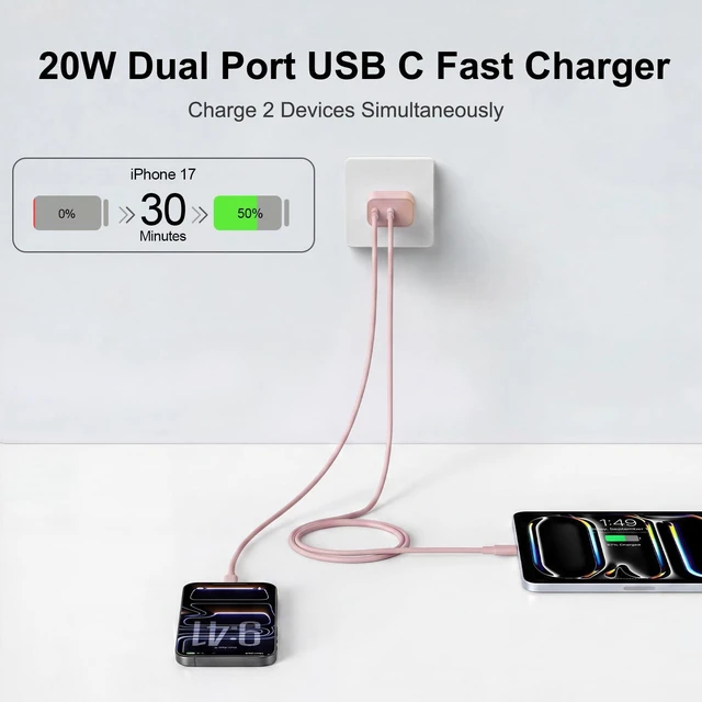 Alt view image 2 of 7 - iPhone 18 17 16 15 Charger Fast Charging, 20W Dual Port USB C Charger Block | Type C Charger Fast Charging, 10FT Long USB C to C Cable for iPhone 18 17 16 15 Pro Max, Duo, Air, Android Phone, iPad