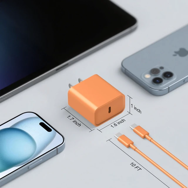 Alt view image 6 of 7 - for iPhone 18 17 16 15 Charger Fast Charging 10FT Cord 20W USBC Cube Orange | 10FT Extra Long Cable with 2Pack 20W Block for iPhone 18/18Pro/18Pro Max/17/17Pro/17Pro Max/16/15/Duo