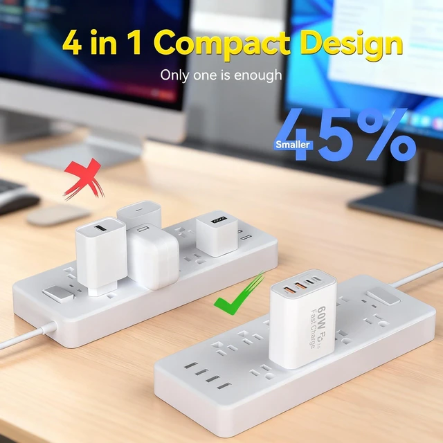Alt view image 6 of 7 - iPhone Charger Fast Charging,Apple 60W USB C Charger 4Port USB A/C Apple Charger Block Multiport Adapter 6FT USB C to C Cable Cord for iPhone Duo/18 ProMax/18Pro/Air/17ProMax/17/16ProMax/16E/16/15Plus