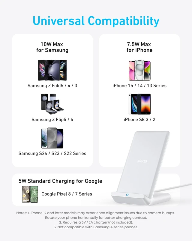Alt view image 3 of 7 - 313 Qi-Certified 10W Max Wireless Charger Stand | Fast Power for iPhone 15 / 14 / 13 / 12 / 11 / X / 8, Galaxy S23 / S22, and More (Micro-USB Cable, Adapter Not Included)