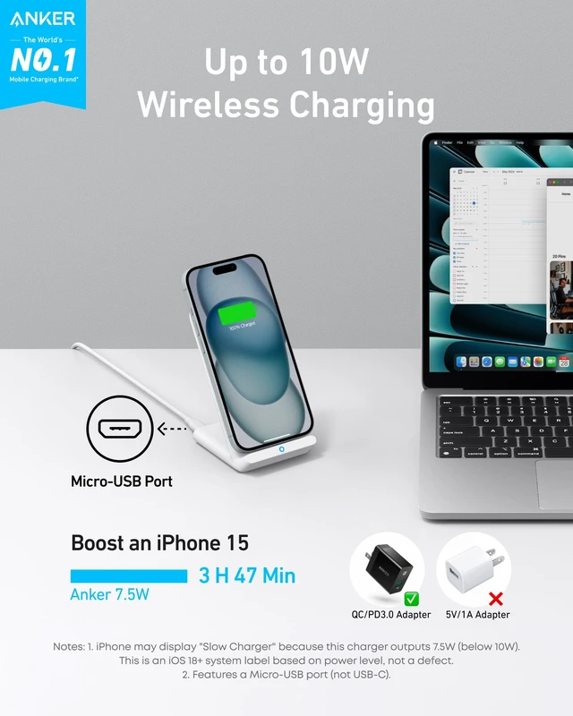 Alt view image 2 of 7 - 313 Qi-Certified 10W Max Wireless Charger Stand | Fast Power for iPhone 15 / 14 / 13 / 12 / 11 / X / 8, Galaxy S23 / S22, and More (Micro-USB Cable, Adapter Not Included)