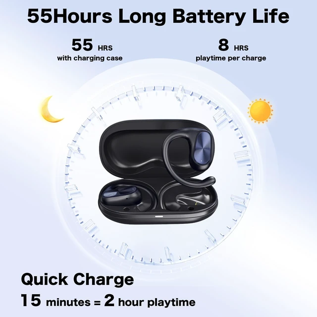 Alt view image 4 of 7 - OBT020 Open Ear Headphones, Running Headphones Bluetooth 5.3 Stereo Deep Bass, 55H Playtime, Crystal Clear Calls, Sweat Resistant Sports Headphones for Running, Cycling, WalkingBlack