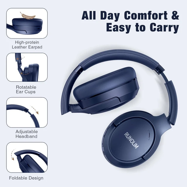 Alt view image 4 of 7 - Active Noise Cancelling Headphones, Wireless Bluetooth Over Ear (Blue)