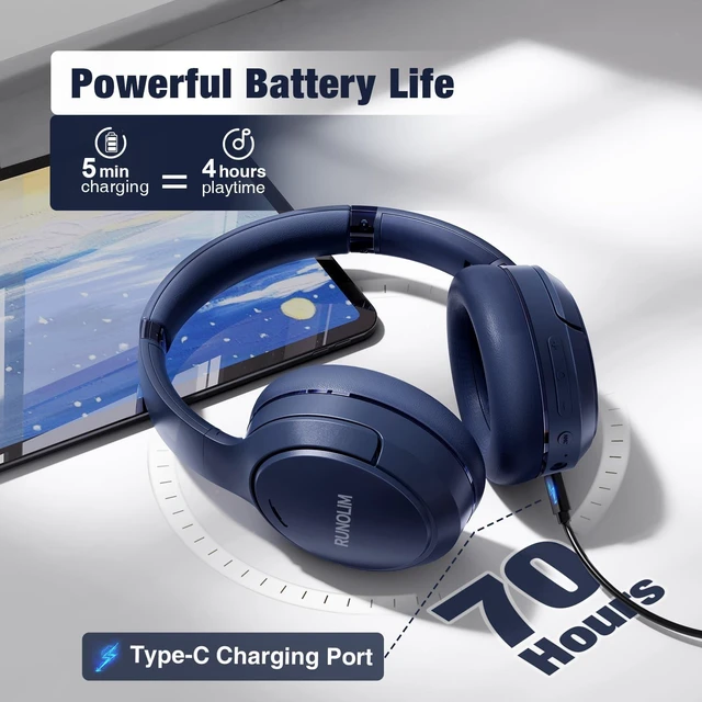 Alt view image 3 of 7 - Active Noise Cancelling Headphones, Wireless Bluetooth Over Ear (Blue)