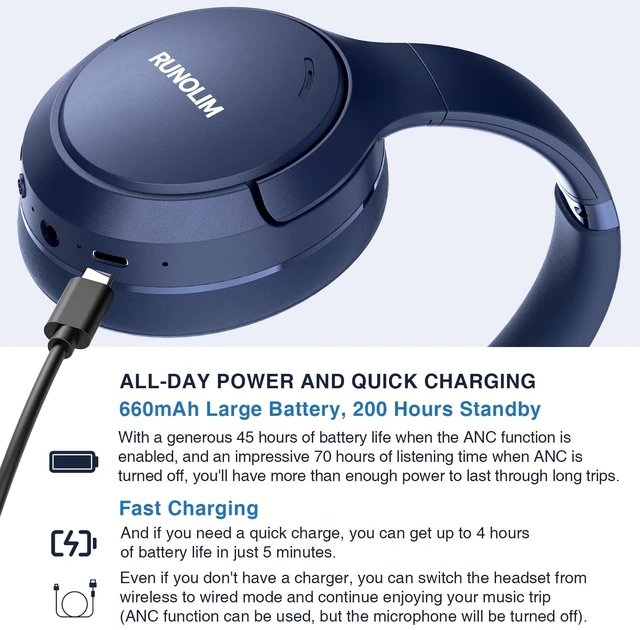 Alt view image 5 of 7 - Active Noise Cancelling Headphones, Wireless Bluetooth Over Ear (Blue)