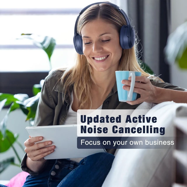 Alt view image 2 of 7 - Active Noise Cancelling Headphones, Wireless Bluetooth Over Ear (Blue)