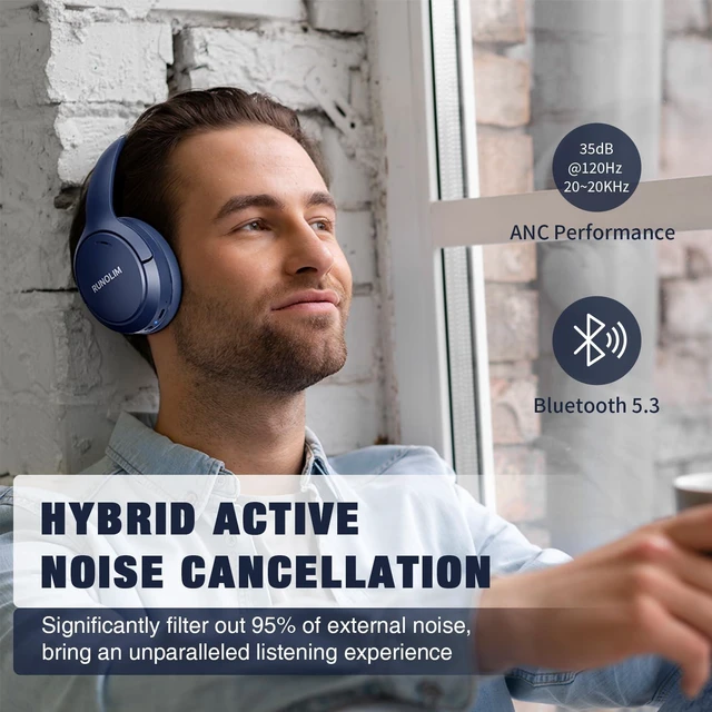 Alt view image 6 of 7 - Active Noise Cancelling Headphones, Wireless Bluetooth Over Ear (Blue)