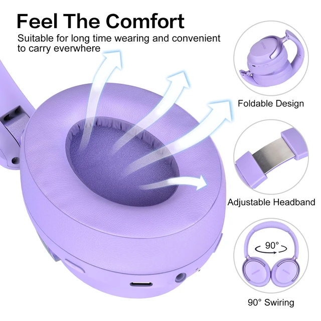 Alt view image 3 of 7 - B8 Bluetooth Headphones Over Ear, 6 EQ Music Modes and 50H Playtime Deep Bass Wireless Headphones with Mic, Lightweight Folding HiFi Stereo Headset for iPad/Travel/Tablet/PC/Home Purple