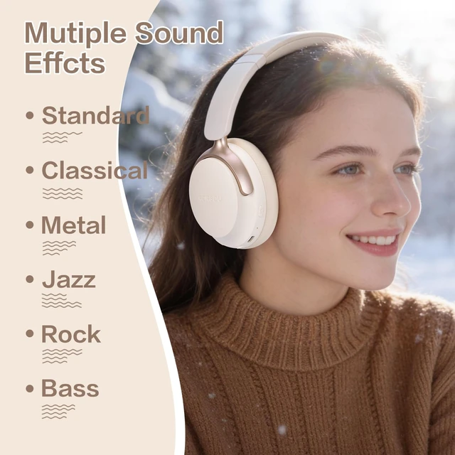 Alt view image 4 of 7 - B8 Bluetooth Headphones Over Ear, 6 EQ Music Modes and 50H Playtime Deep Bass Wireless Headphones with Mic, Lightweight Folding HiFi Stereo Headset for iPad/Travel/Tablet/PC/Home Beige White