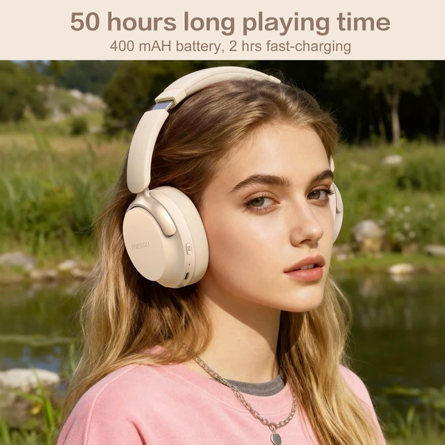 Alt view image 6 of 7 - B8 Bluetooth Headphones Over Ear, 6 EQ Music Modes and 50H Playtime Deep Bass Wireless Headphones with Mic, Lightweight Folding HiFi Stereo Headset for iPad/Travel/Tablet/PC/Home Beige White