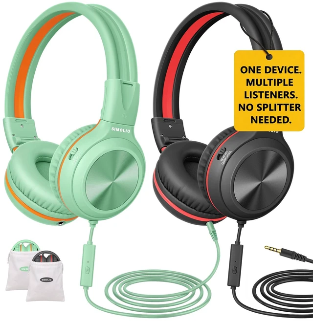 Main image of Manyshare Kids Headphones with Mic, 3.5mm Wired Headphones for PC | Built-in Share Port, 3-Level Volume Limiting & HD Mic for Learning and Calls, Durable Headphone with Foldable Design & Pouch