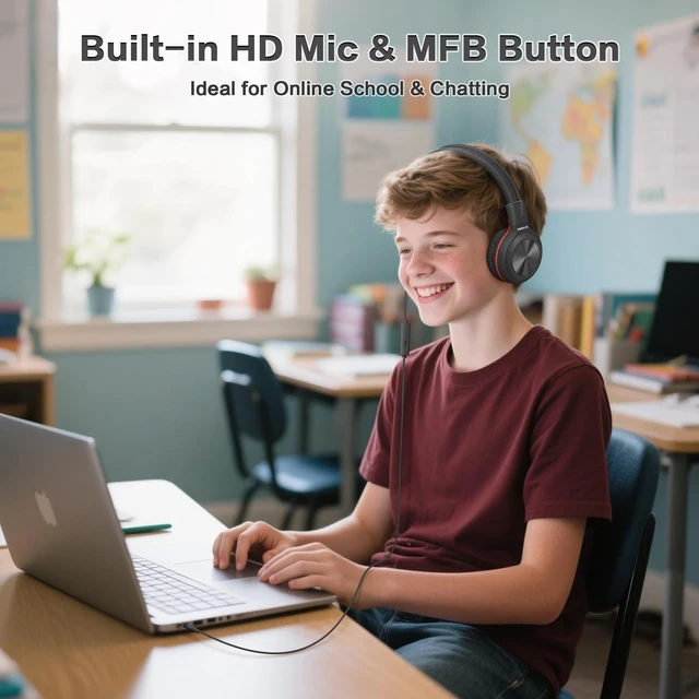 Alt view image 3 of 7 - Manyshare Kids Headphones with Mic, 3.5mm Wired Headphones for PC | Built-in Share Port, 3-Level Volume Limiting & HD Mic for Learning and Calls, Durable Headphone with Foldable Design & Pouch