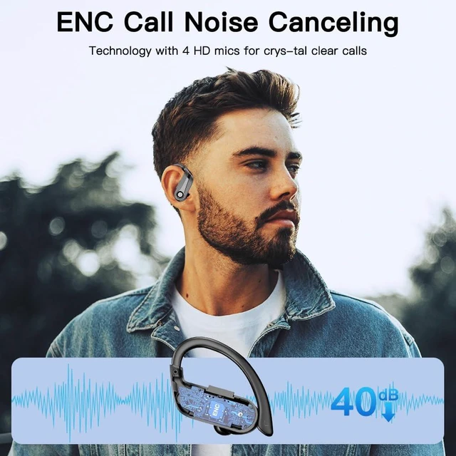 Alt view image 6 of 7 - Wireless Earbuds 120H Playback Bluetooth 6.1 Headphones IPX7 Waterproof Stereo Bass Over-Ear Headphones with Earhooks Microphone LED Battery Display for Sports Running Workouts