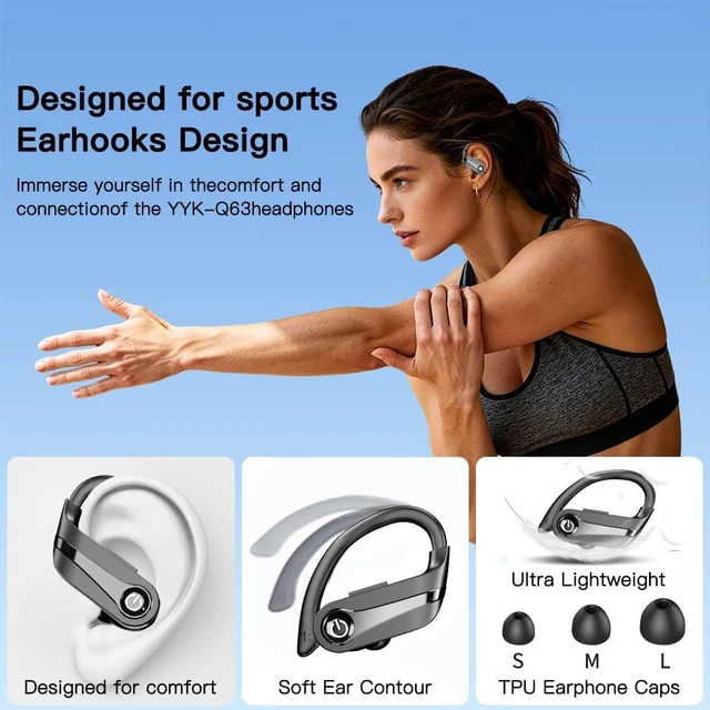 Alt view image 7 of 7 - Wireless Earbuds 120H Playback Bluetooth 6.1 Headphones IPX7 Waterproof Stereo Bass Over-Ear Headphones with Earhooks Microphone LED Battery Display for Sports Running Workouts