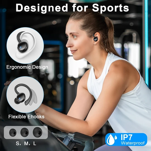 Alt view image 7 of 7 - Wireless Earbuds, Bluetooth 5.4 Headphones, 75H Deep Bass Sound, Earhook | Sport, Over Ear Buds, 4 ENC Noise Cancelling Mic, Dual LED Display, IP7 Waterproof Earphones, Workout, Running, Gym
