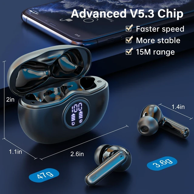 Alt view image 3 of 7 - Wireless Earbuds, Bluetooth 5.3 Headphones HiFi Stereo 50H Playback LED Digital Display Ear Buds with ENC Noise Canceling Headset, IPX7 Waterproof Earphones for Gym/Running/Work(Black)