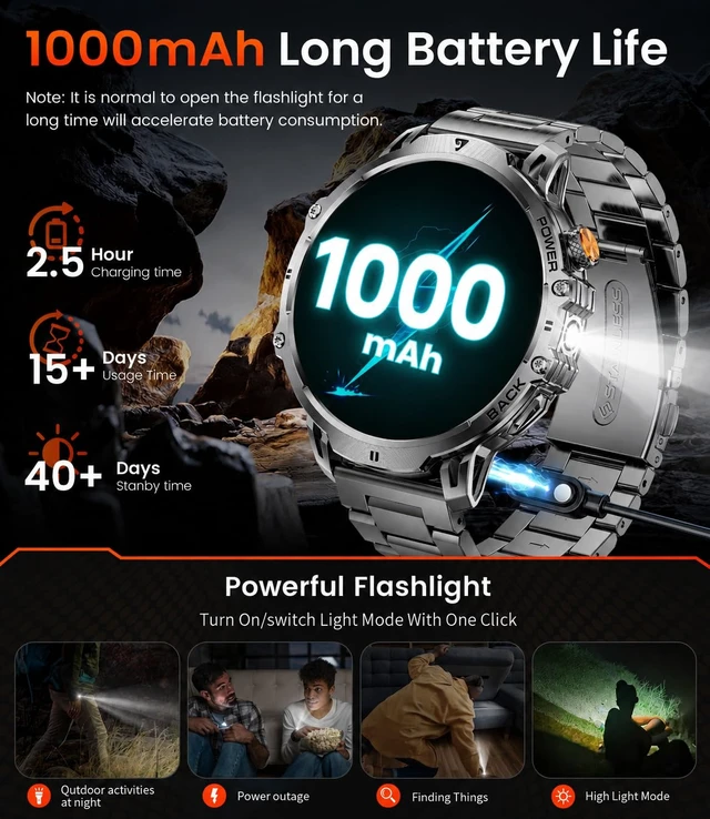 Alt view image 3 of 7 - Military Smart Watches for Men, 1.85" HD/1000mAh, Flashlight/Bluetooth Call | zinc-alloy case,40-day batterry,110+sports fitness smartwatch,pedometer,IP68,24/7 heart Rate/SpO2/sleep monitor