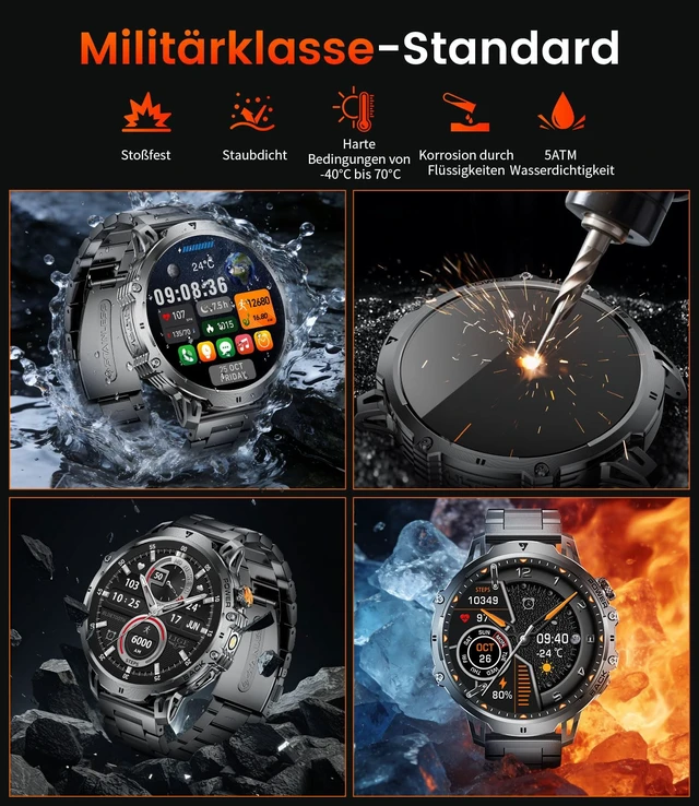 Alt view image 4 of 7 - Military Smart Watches for Men, 1.85" HD/1000mAh, Flashlight/Bluetooth Call | zinc-alloy case,40-day batterry,110+sports fitness smartwatch,pedometer,IP68,24/7 heart Rate/SpO2/sleep monitor