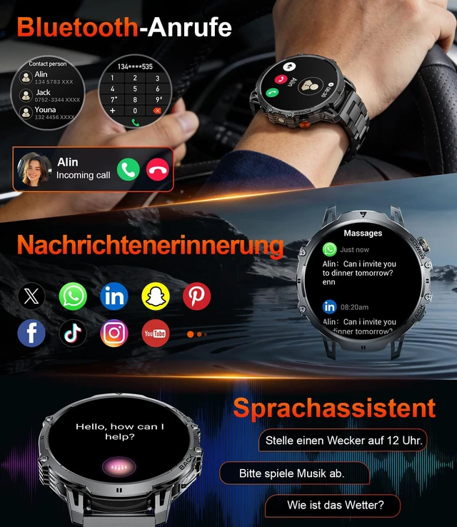 Alt view image 7 of 7 - Military Smart Watches for Men, 1.85" HD/1000mAh, Flashlight/Bluetooth Call | zinc-alloy case,40-day batterry,110+sports fitness smartwatch,pedometer,IP68,24/7 heart Rate/SpO2/sleep monitor