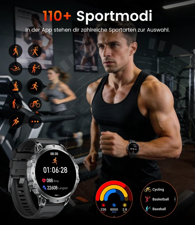 Alt view image 5 of 7 - Military Smart Watches for Men, 1.85" HD/1000mAh, Flashlight/Bluetooth Call | zinc-alloy case,40-day batterry,110+sports fitness smartwatch,pedometer,IP68,24/7 heart Rate/SpO2/sleep monitor
