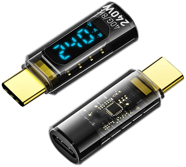 Main image of 2 Pack USB C Adapter with Digital Display, Transparent | PD 240W USB-C Male to Female Connector, Support Voltage, Current and Power Smart LED Display