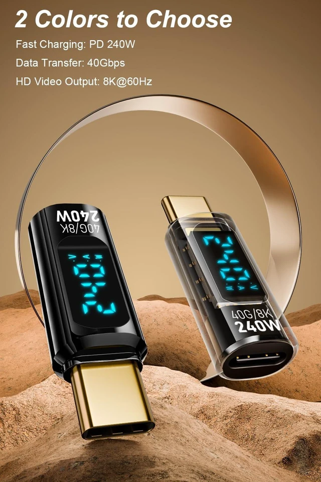Alt view image 2 of 7 - 2 Pack USB C Adapter with Digital Display, Black | PD 240W USB-C Male to Female Connector, Support Voltage, Current and Power Smart LED Display