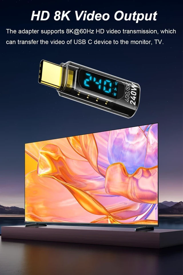 Alt view image 5 of 6 - 2 Pack USB C Adapter with Digital Display, Transparent | PD 240W USB-C Male to Female Connector, Support Voltage, Current and Power Smart LED Display