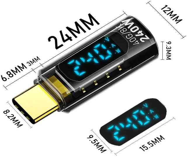 Alt view image 6 of 6 - 2 Pack USB C Adapter with Digital Display, Transparent | PD 240W USB-C Male to Female Connector, Support Voltage, Current and Power Smart LED Display