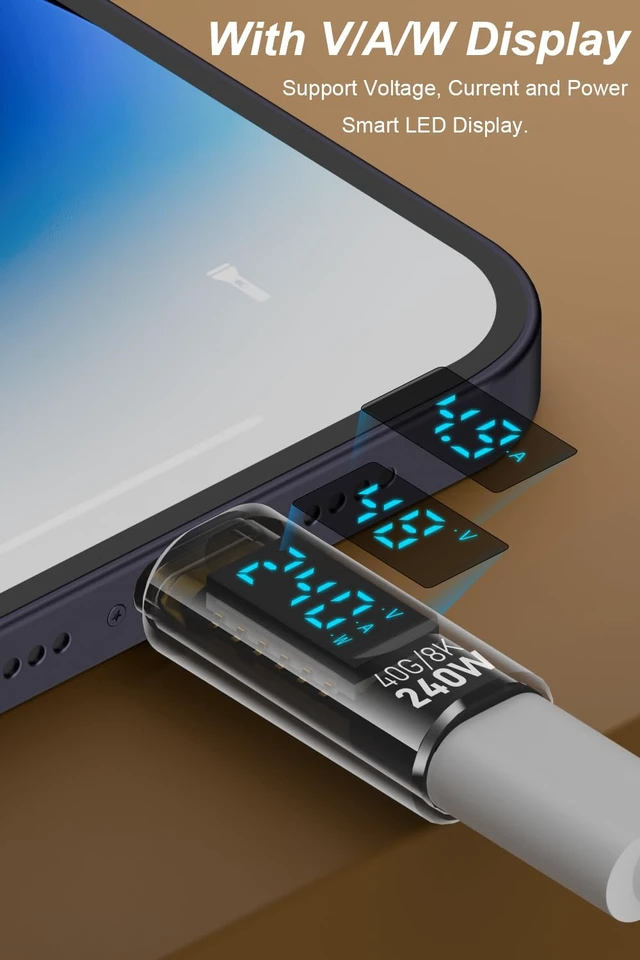Alt view image 3 of 6 - 2 Pack USB C Adapter with Digital Display, Transparent | PD 240W USB-C Male to Female Connector, Support Voltage, Current and Power Smart LED Display