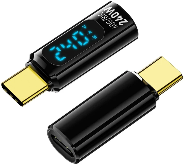 Main image of 2 Pack USB C Adapter with Digital Display, Black | PD 240W USB-C Male to Female Connector, Support Voltage, Current and Power Smart LED Display