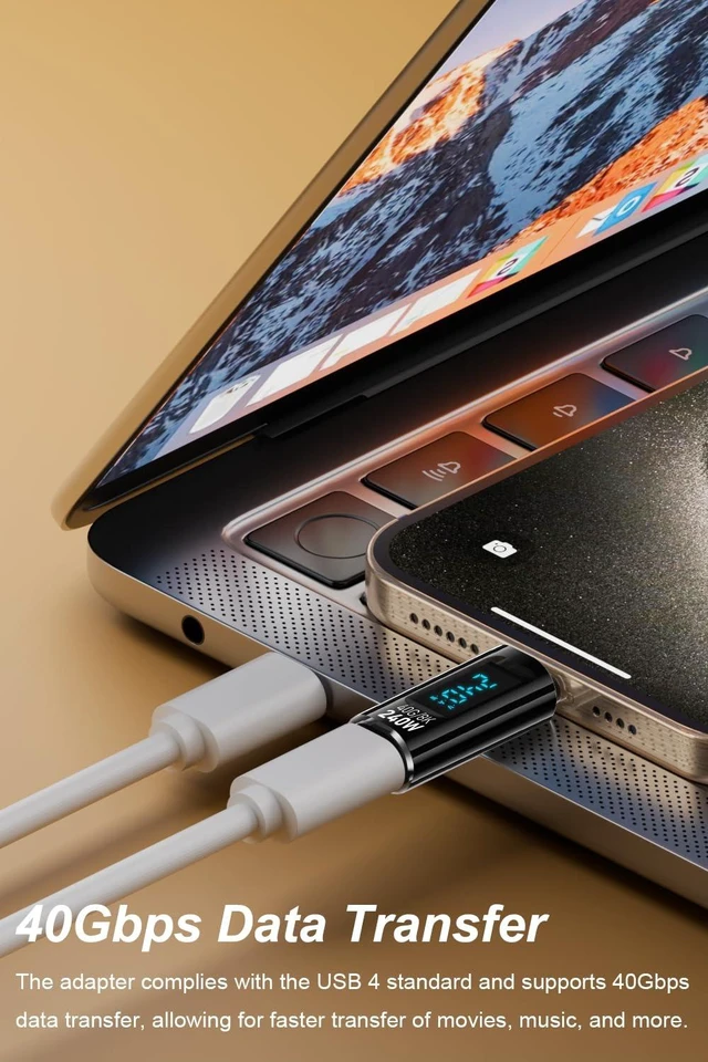Alt view image 4 of 7 - 2 Pack USB C Adapter with Digital Display, Black | PD 240W USB-C Male to Female Connector, Support Voltage, Current and Power Smart LED Display