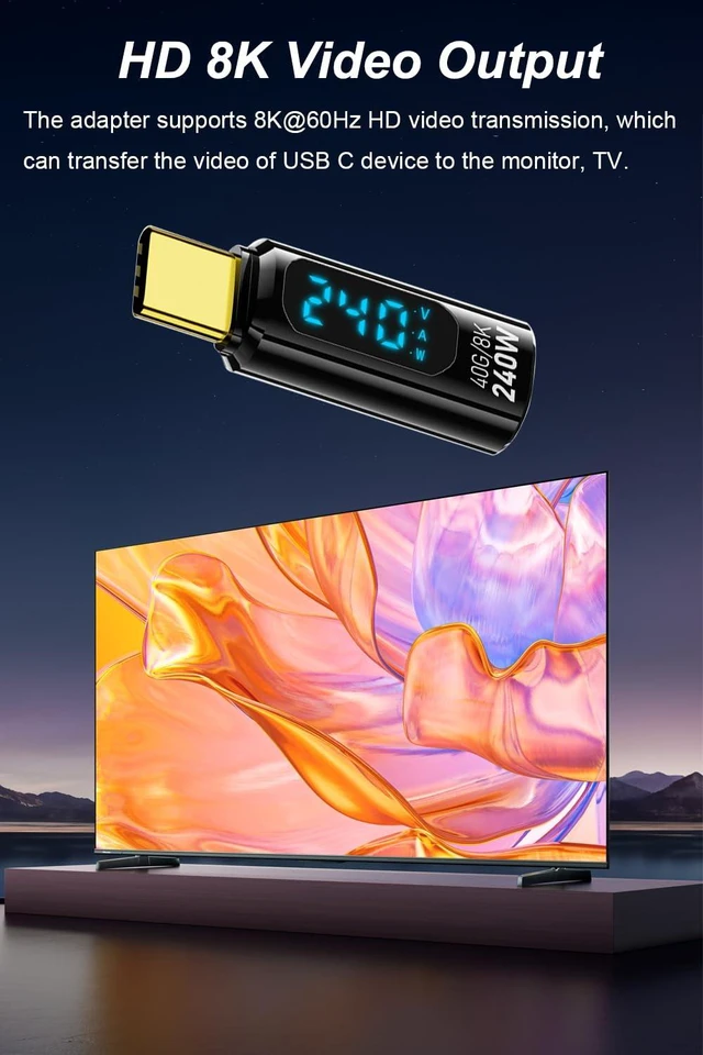 Alt view image 6 of 7 - 2 Pack USB C Adapter with Digital Display, Black | PD 240W USB-C Male to Female Connector, Support Voltage, Current and Power Smart LED Display